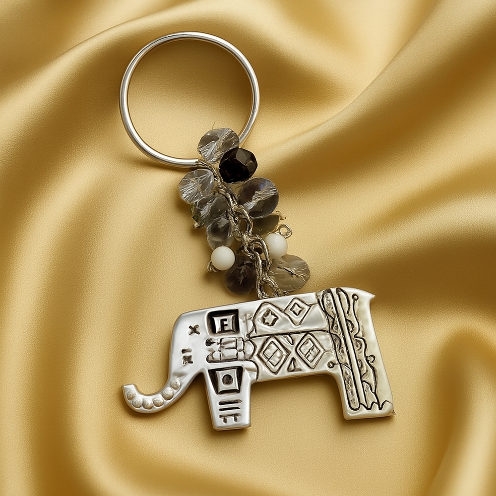 Ornate Elephant Charm Keychain – Tribal Etched Pendant Bead Cluster 4.5"x2.25"